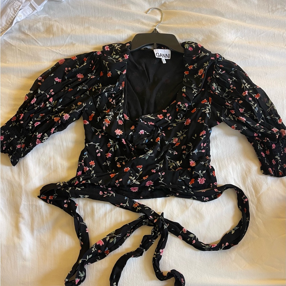 Ganni Black and Pink Floral Blouse